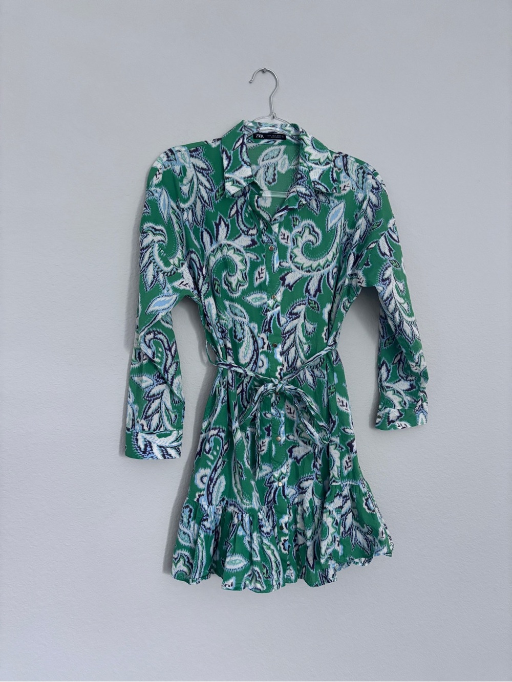 Zara Green Paisley Tie-Waist Long Sleeve Shirt Dress